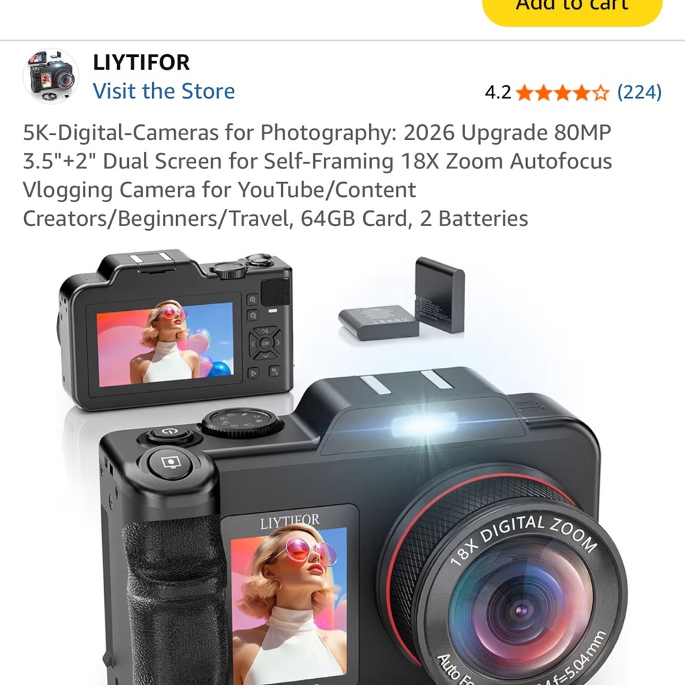 80MP 5K Vlogging Camera in Black with Dual Screens and 18X Zoom
